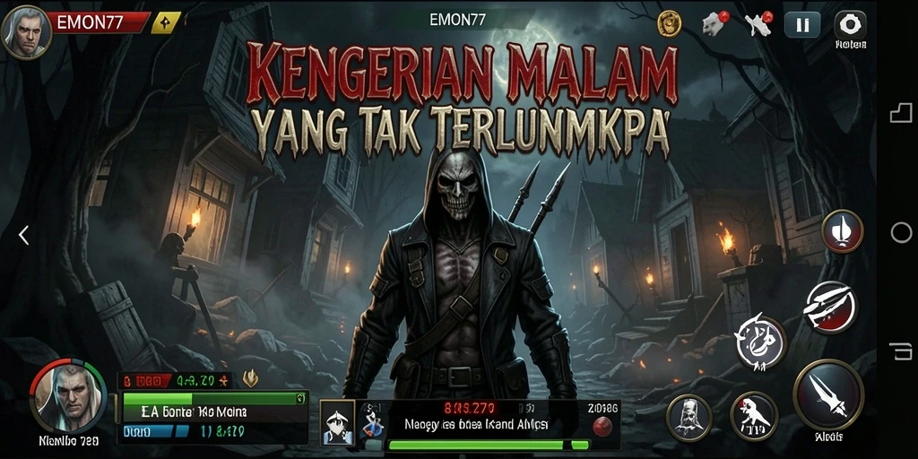 Tangkapan layar gameplay EMON77 dengan suasana horror menegangkan.