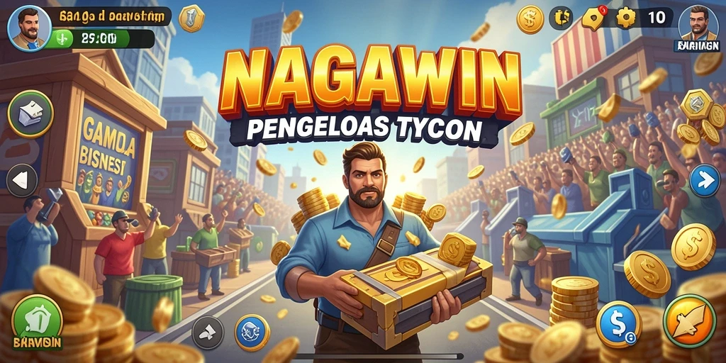 Screenshot gameplay NAGAWIN menunjukkan pengelolaan bisnis secara dinamis.