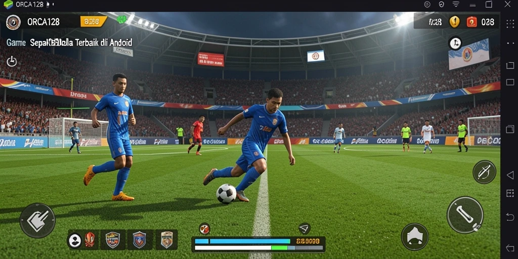 Tampilan gameplay ORCA128 dengan aksi sepak bola yang mendebarkan.
