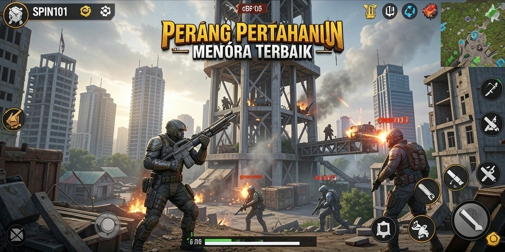 Screenshot SPIN101 menampilkan aksi intens saat mempertahankan menara.