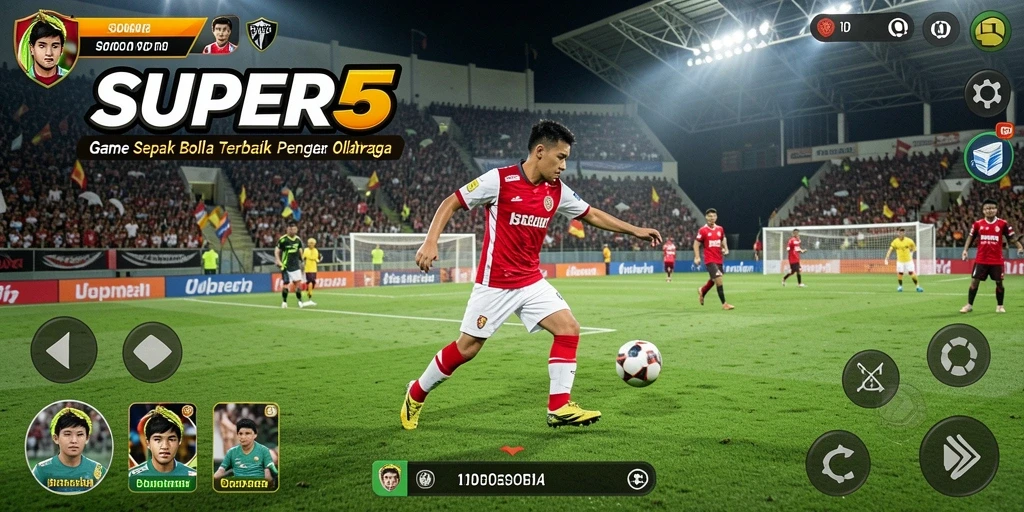 Screenshot SUPER5 menunjukkan aksi pertandingan sepak bola yang mendebarkan.